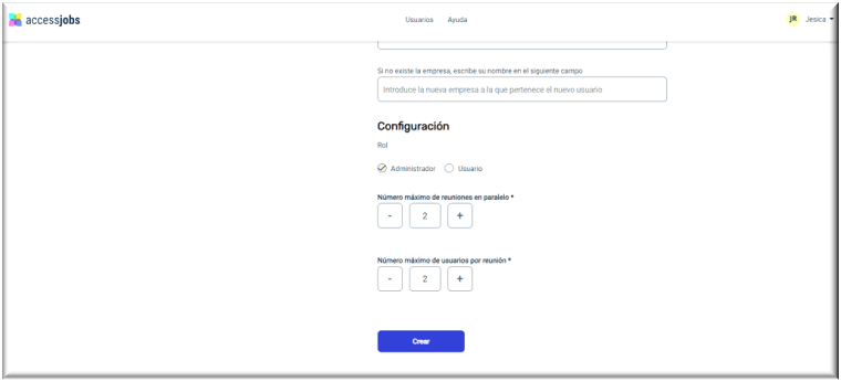 Segunda parte del formulario para crear usuarios en el superadministrador