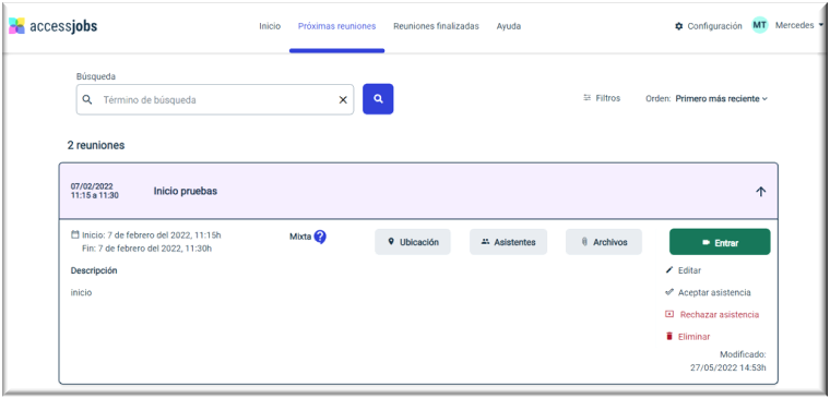Ficha de información de una reunión pendiente de celebrar